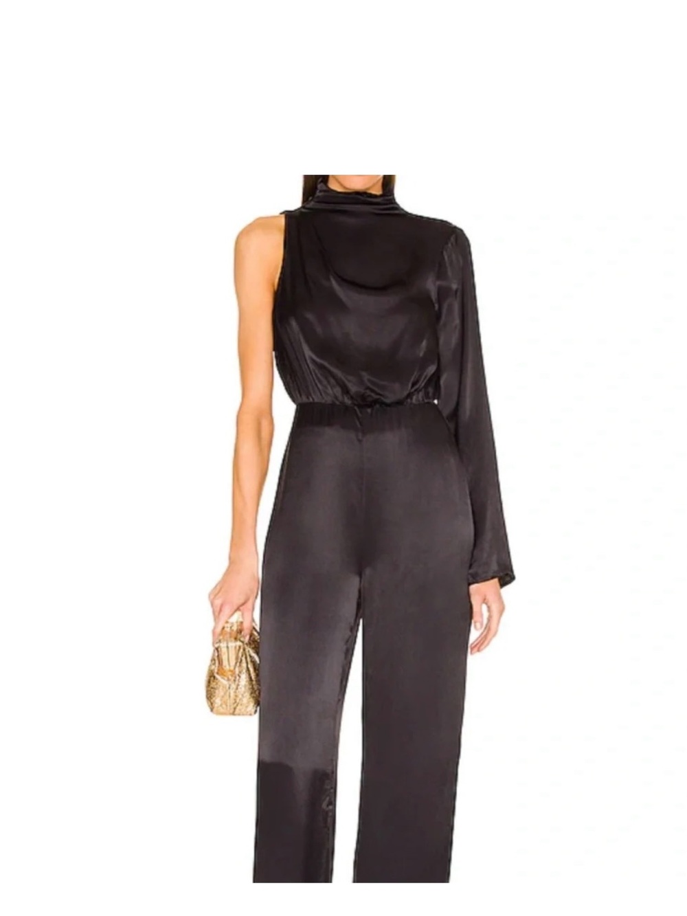 Camila Coelho One-Shoulder Black Satin Jumpsuit